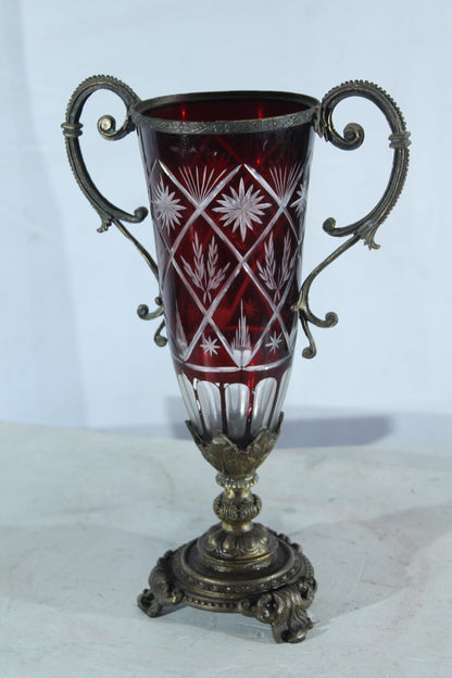 Ruby Red Cut Glass Trophy Vase with Metal Handles and Ornate Base 10"x6"x16"H