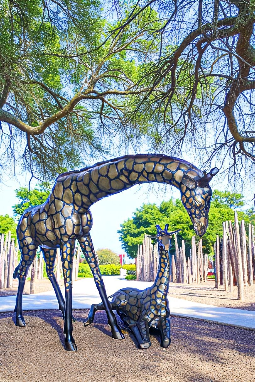 Life Size Bronze Giraffes Statues, One Laying, One Standing 77" x 21" x 58"H