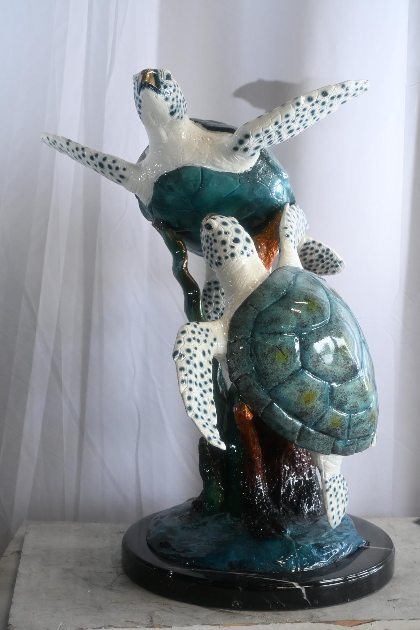 Two Sea Turtles on Coral Reef Bronze Sculpture Teal 17"x18"x33"H