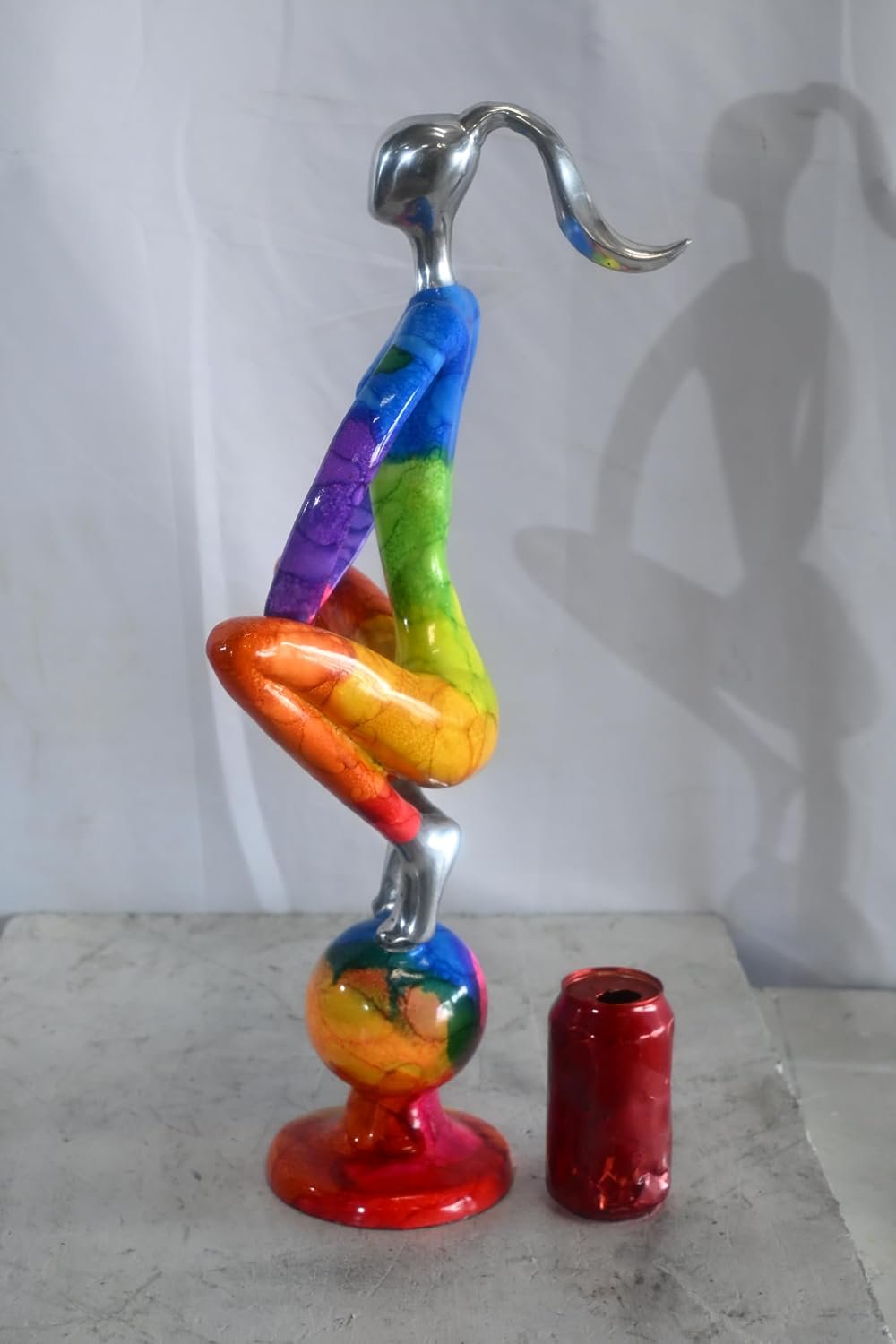 Rainbow Yoga Woman Meditating on Sphere Painted Aluminum 12"x10"x22"H