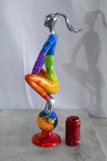 Rainbow Yoga Woman Meditating on Sphere Painted Aluminum 12"x10"x22"H