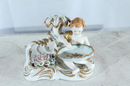 Porcelain Cherub Candle Holder with Floral Dish 9"x6"x7"H