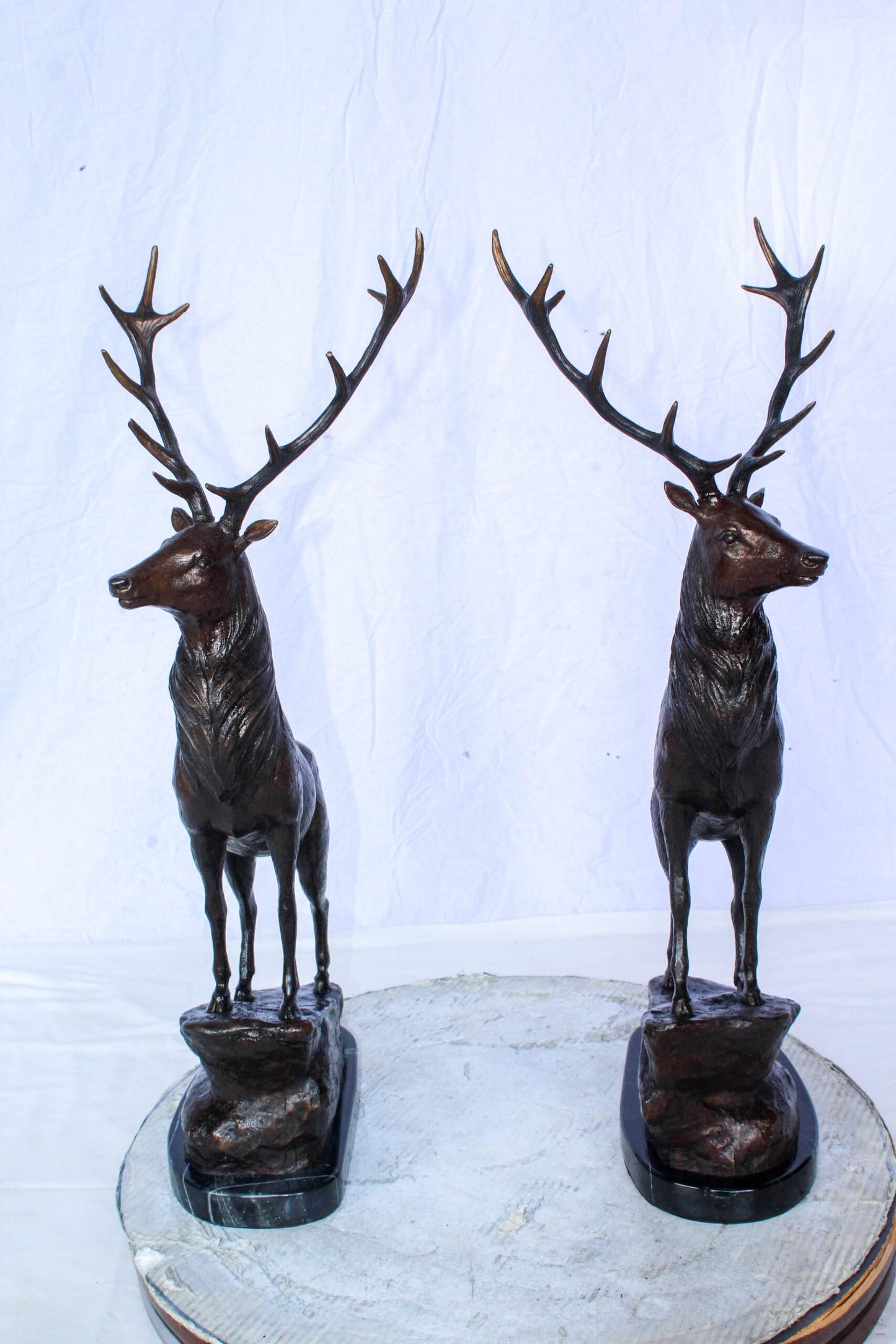 Pair of Bronze Deer Stag Statues Standing on Rock Base 14" x 10" x 28"H