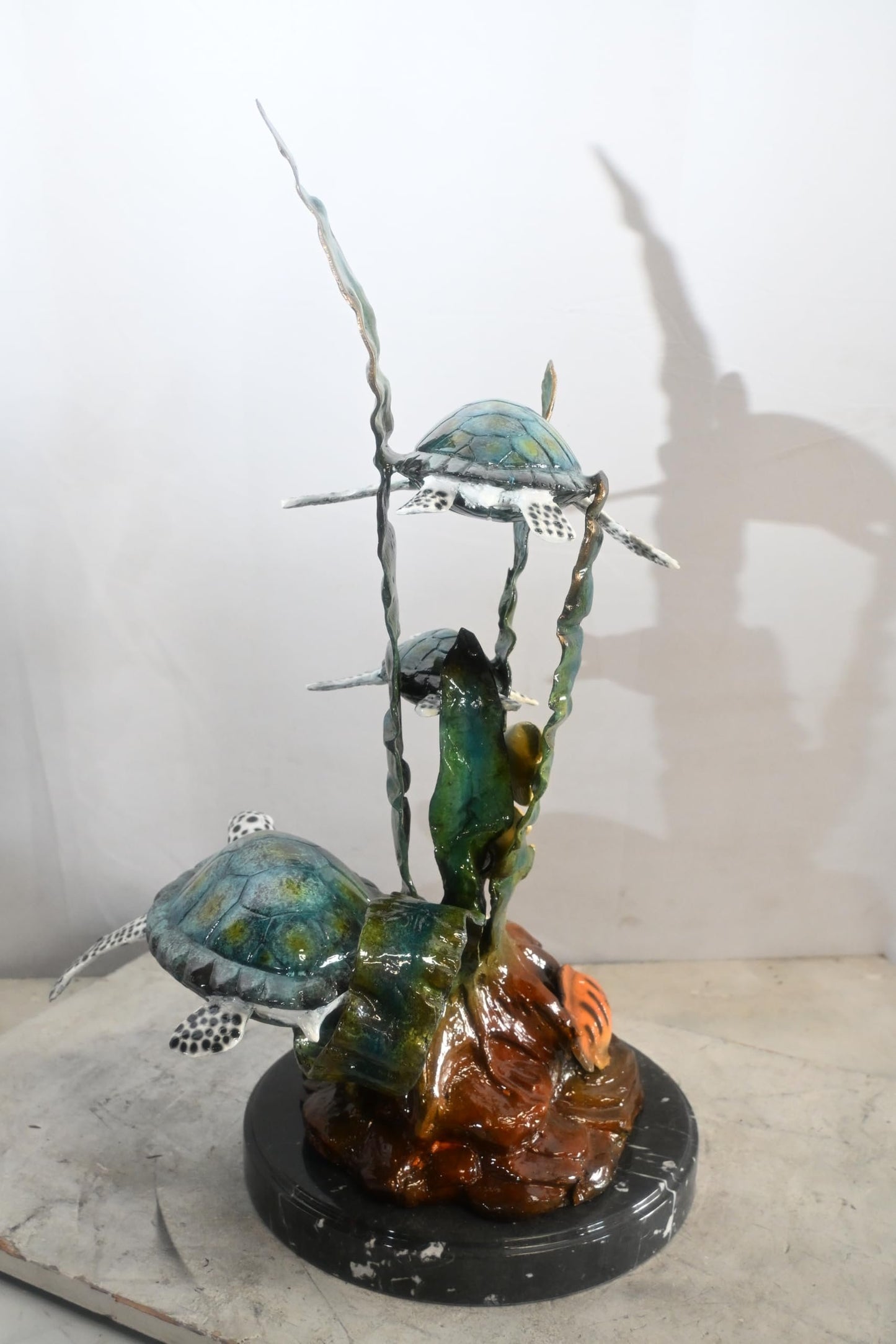 Three Sea Turtles Bronze Sculpture Vertical Coral 18"x13"x28"H