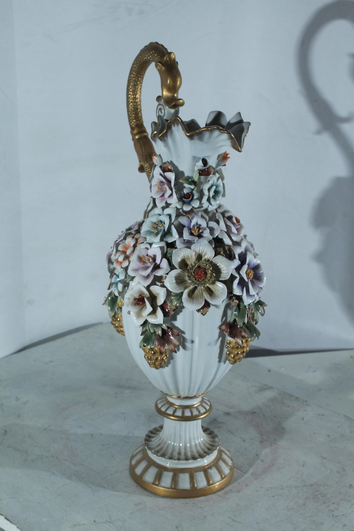 Porcelain Floral Ewer vase Ornate Handle 10"x7"x22"H