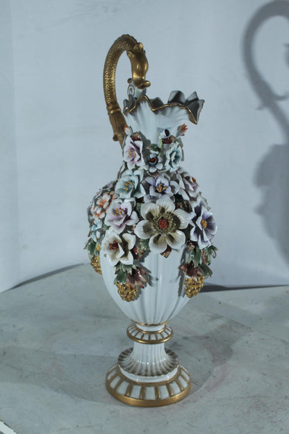 Porcelain Floral Ewer vase Ornate Handle 10"x7"x22"H
