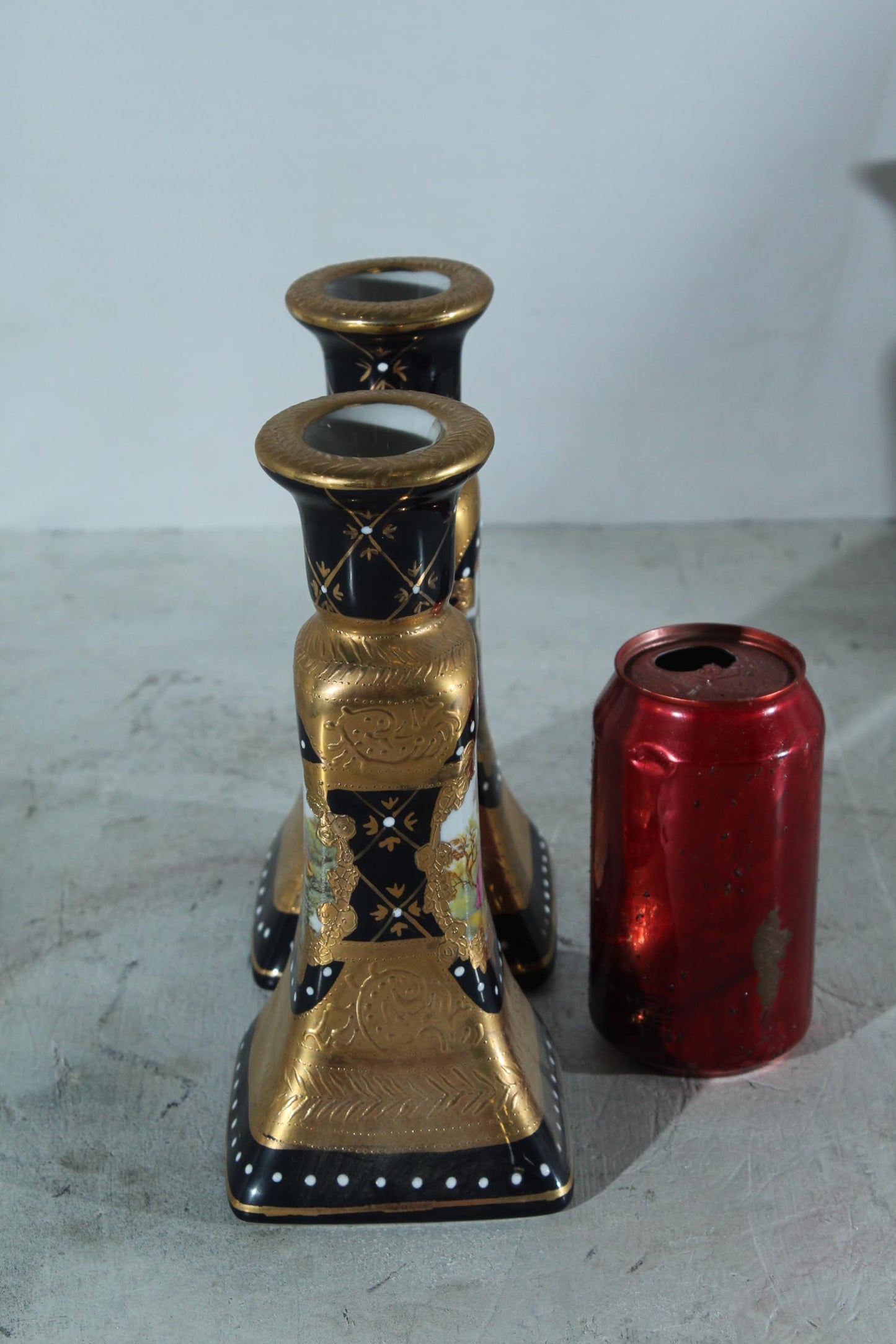 Porcelain Pair Candlestick Holders Black Gold Courting Scene 8"x4"x9"H