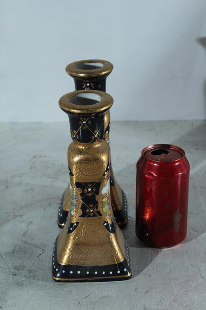 Porcelain Pair Candlestick Holders Black Gold Courting Scene 8"x4"x9"H