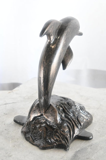 Playful Leaping Dolphin Wave Base Aluminum Coastal Decor 11"x11"x14"H