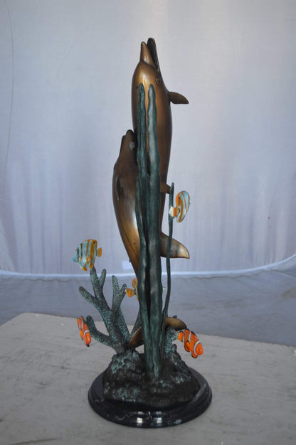 Two dolphins with fish, table top bronze statue. -  Size: 8"L x 8"W x 22"H.