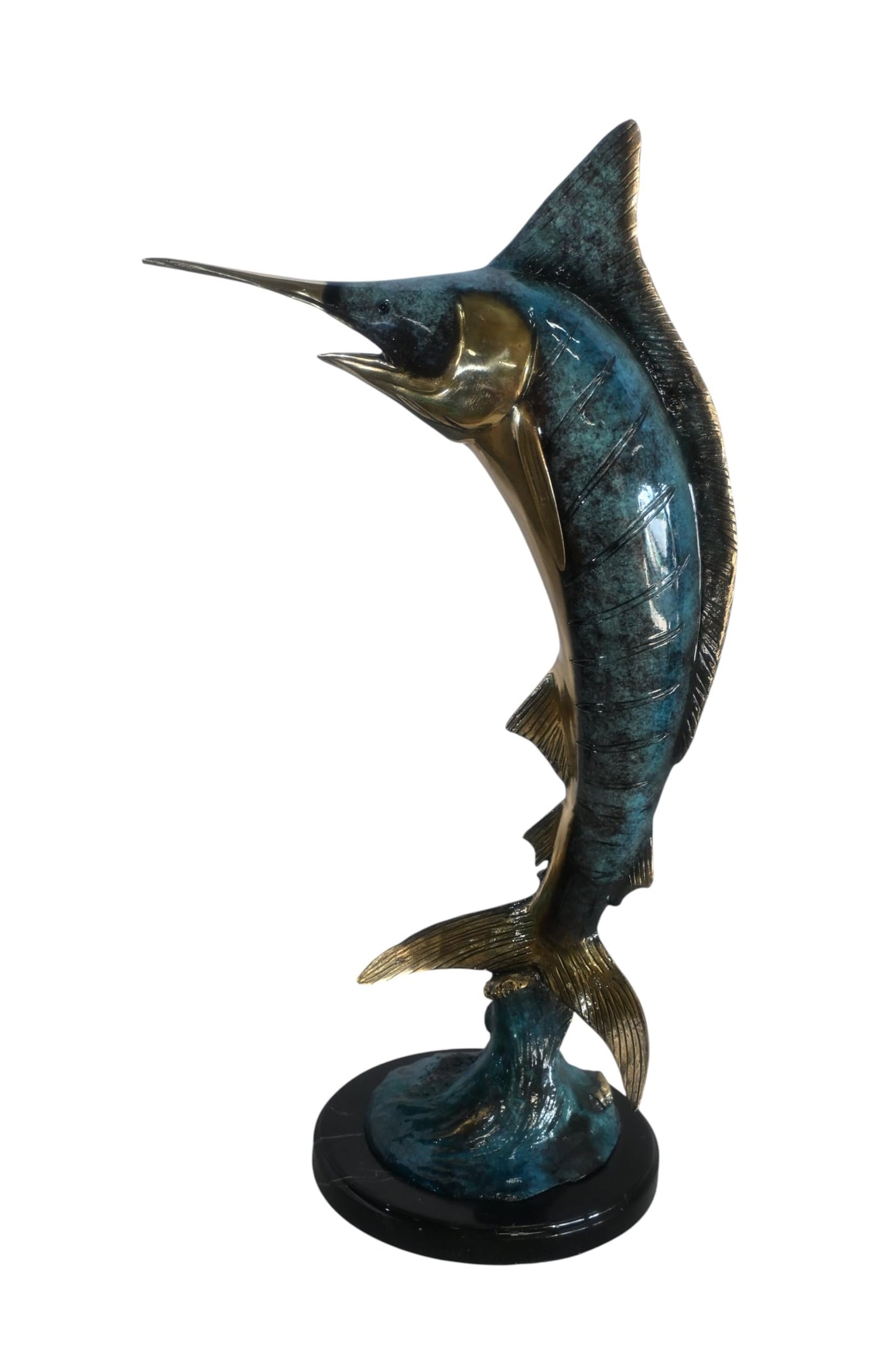 Blue Marlin Bronze Sculpture Leaping Ocean Wave 15"x6"x23"H