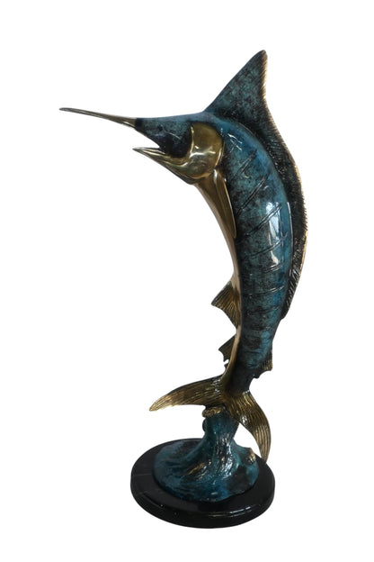 Blue Marlin Bronze Sculpture Leaping Ocean Wave 15"x6"x23"H