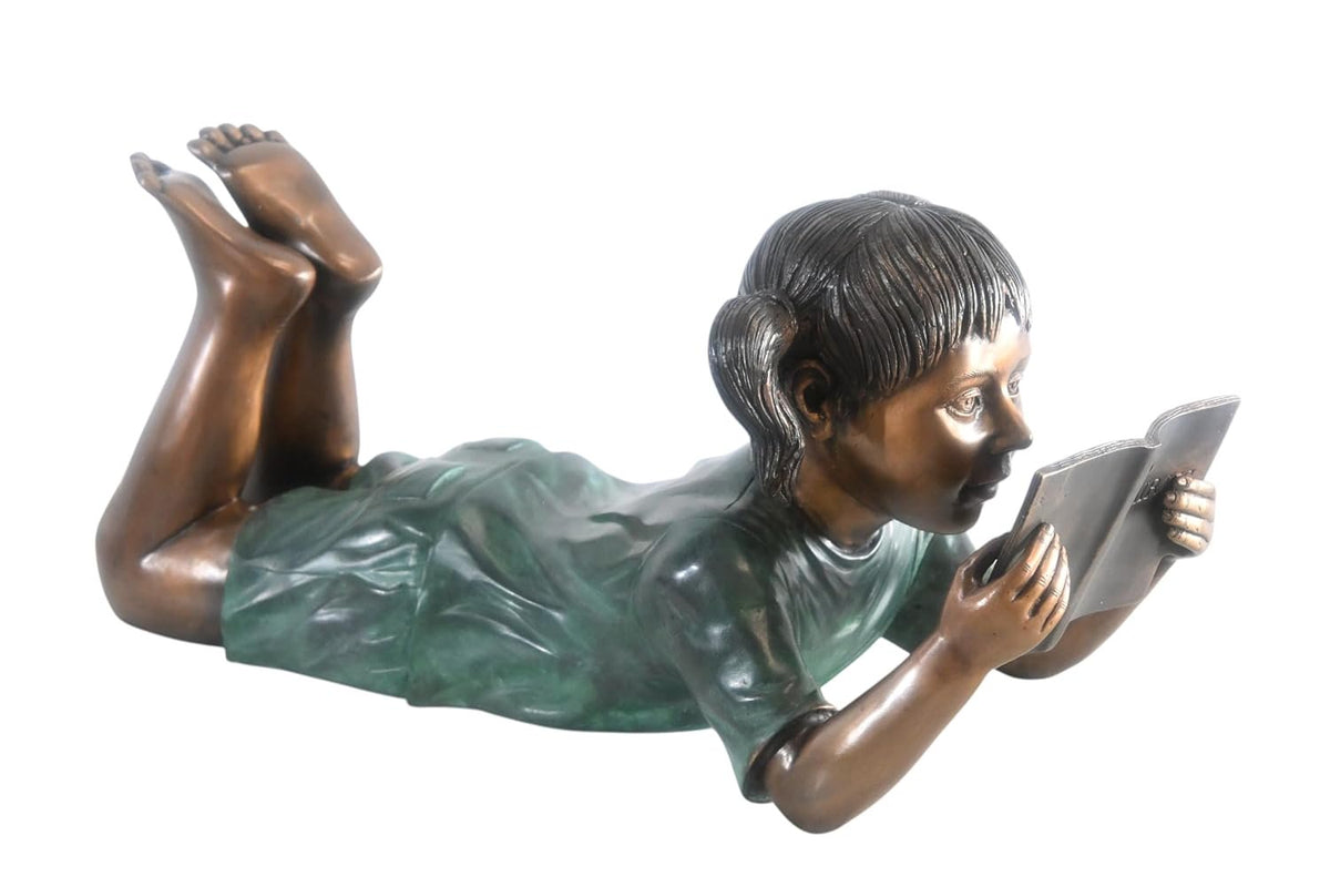 Bronze Girl Reading Fairy Tale Book Lying Down Sculpture 24"x10"x11"H