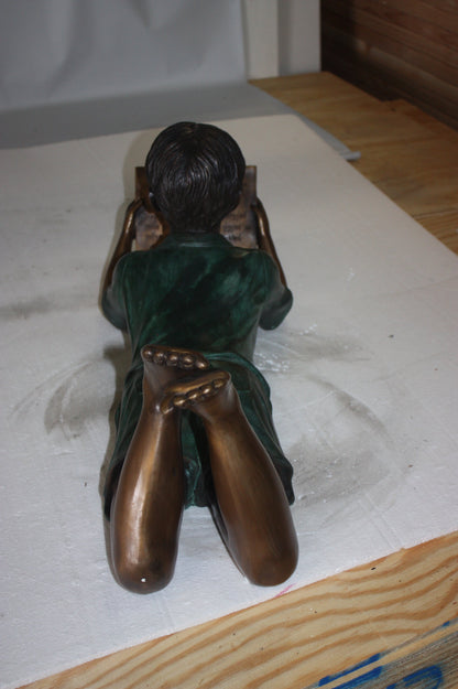 Bronze Boy Reading Book Statue - 24"L x 10"W x 11"H Garden Sculpture