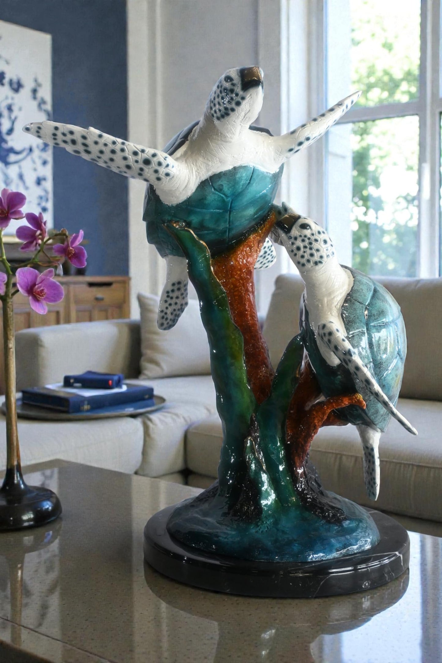 Two Sea Turtles on Coral Reef Bronze Sculpture Teal 17"x18"x33"H