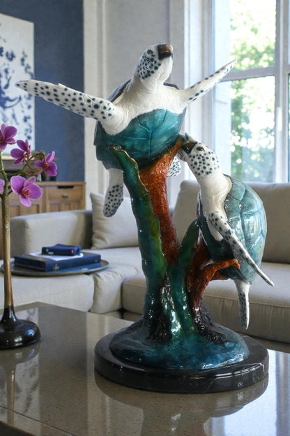 Two Sea Turtles on Coral Reef Bronze Sculpture Teal 17"x18"x33"H