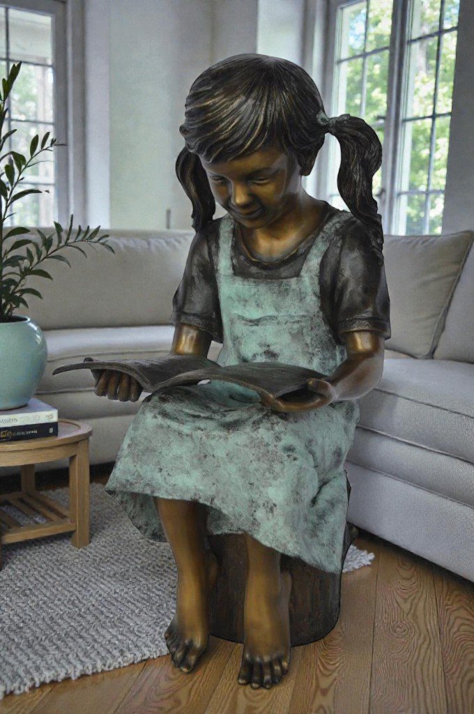 Young girl sitting and reading book bronze statue -  Size: 16"L x 12"W x 27"H.