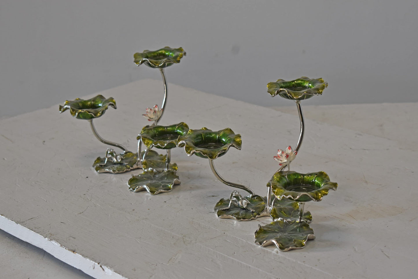 Two Sets of Candle Holders Made of Enameled Metal Size: 8" x 5" x 6"H