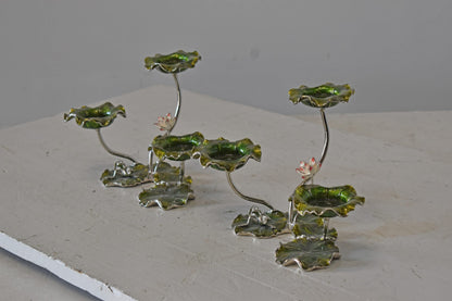 Two Sets of Candle Holders Made of Enameled Metal Size: 8" x 5" x 6"H