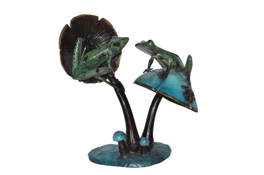 Nifao Bronze Two Frogs on Mushrooms Statue – Hand-Cast Lost Wax Sculpture with Polychrome Patina, Tabletop Nature Art - 24" L x 15" W x 27" H