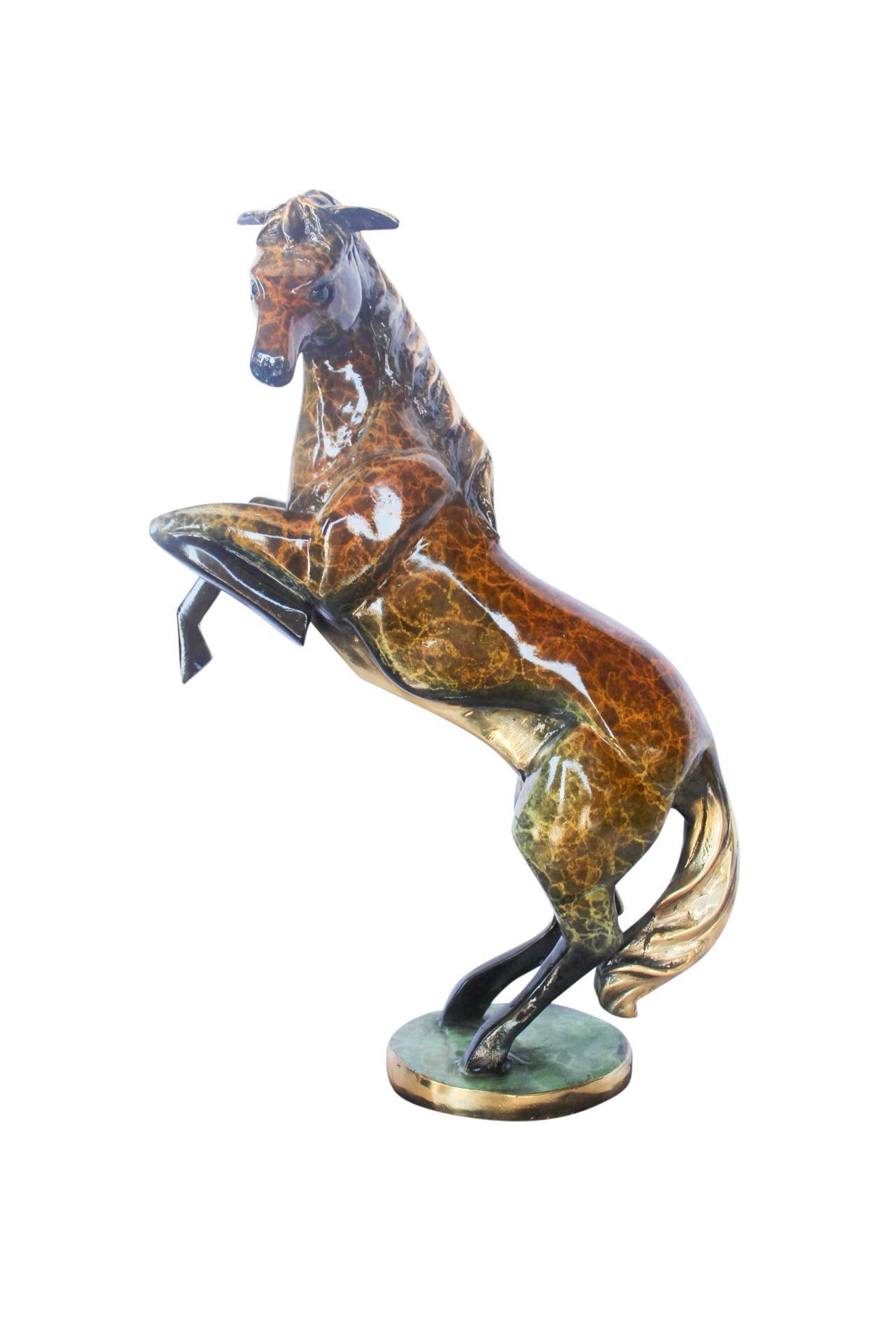 Colored rearing horse bronze statue -  Size: 14"L x 7"W x 21"H.