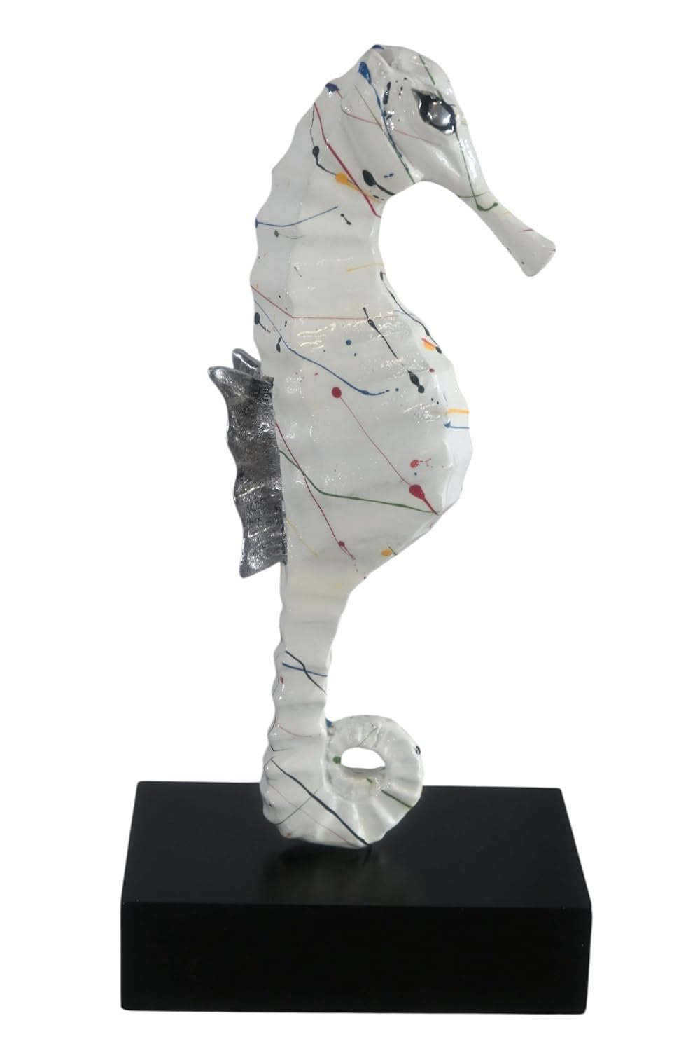 White Splatter Seahorse Sculpture Painted Aluminum Decor 6"x4"x16"H
