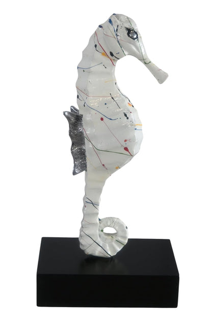 White Splatter Seahorse Sculpture Painted Aluminum Decor 6"x4"x16"H