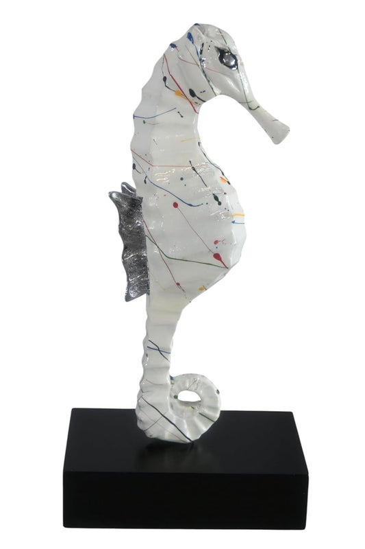 White Splatter Seahorse Sculpture Painted Aluminum Decor 6"x4"x16"H