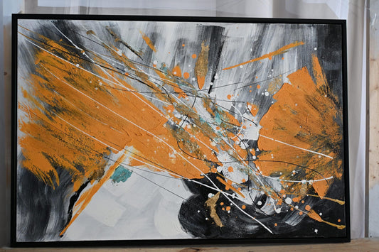 Abstract Canvas Painting Orange Gray Splash Framed Art 41"x61"