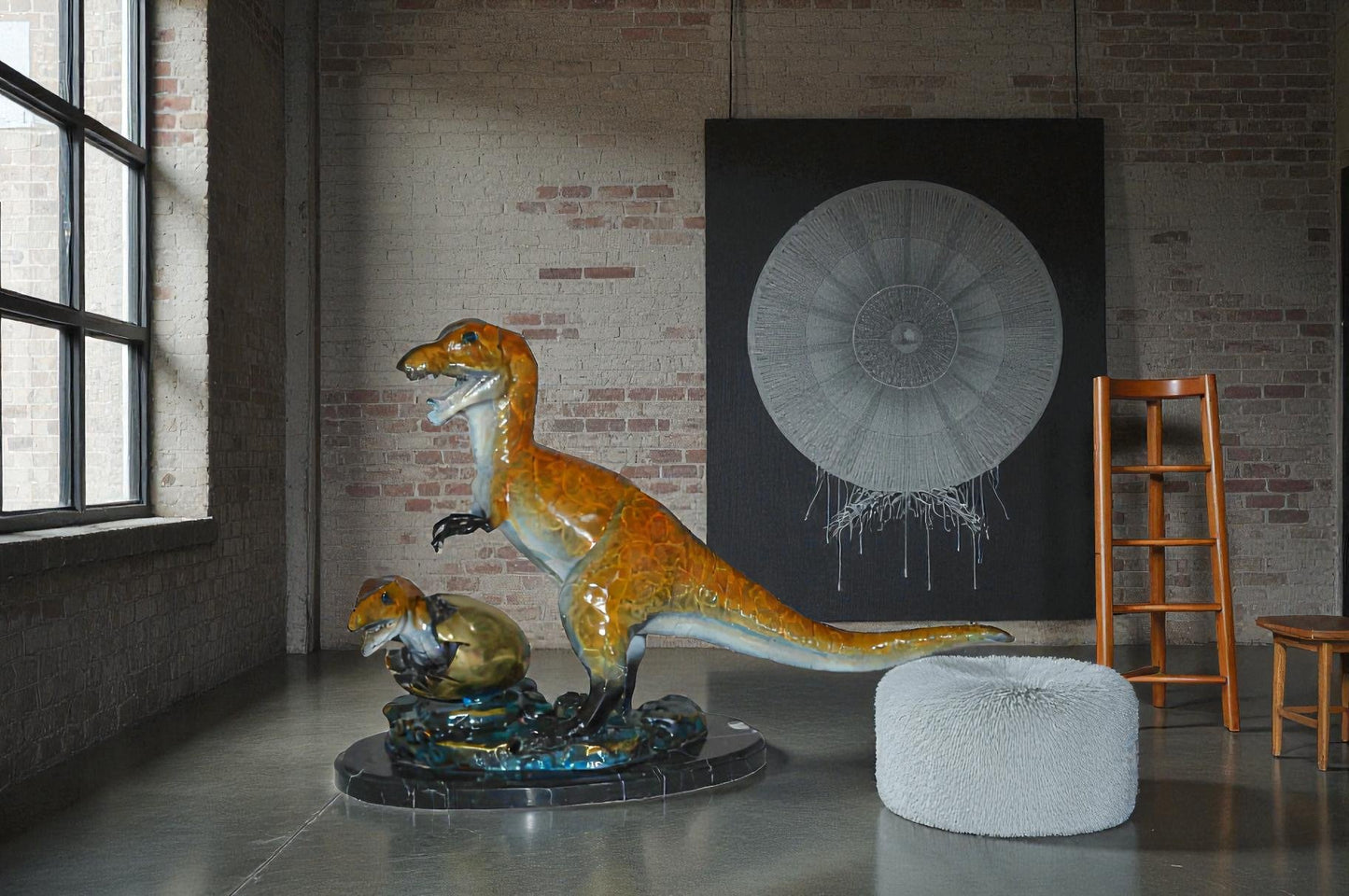 Dinosaur and baby Dino Bronze Statue -  Size: 26"L x 11"W x 18"H.