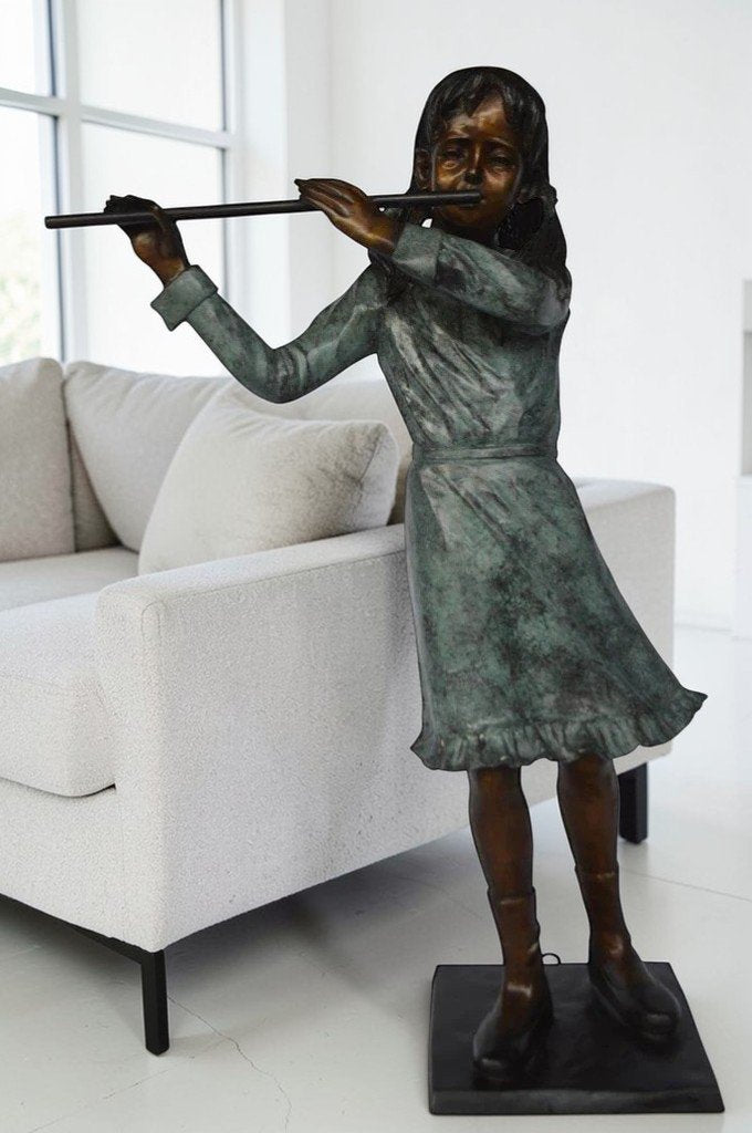 Girl playing flute large bronze statue -  Size: 30"L x 15"W x 50"H.