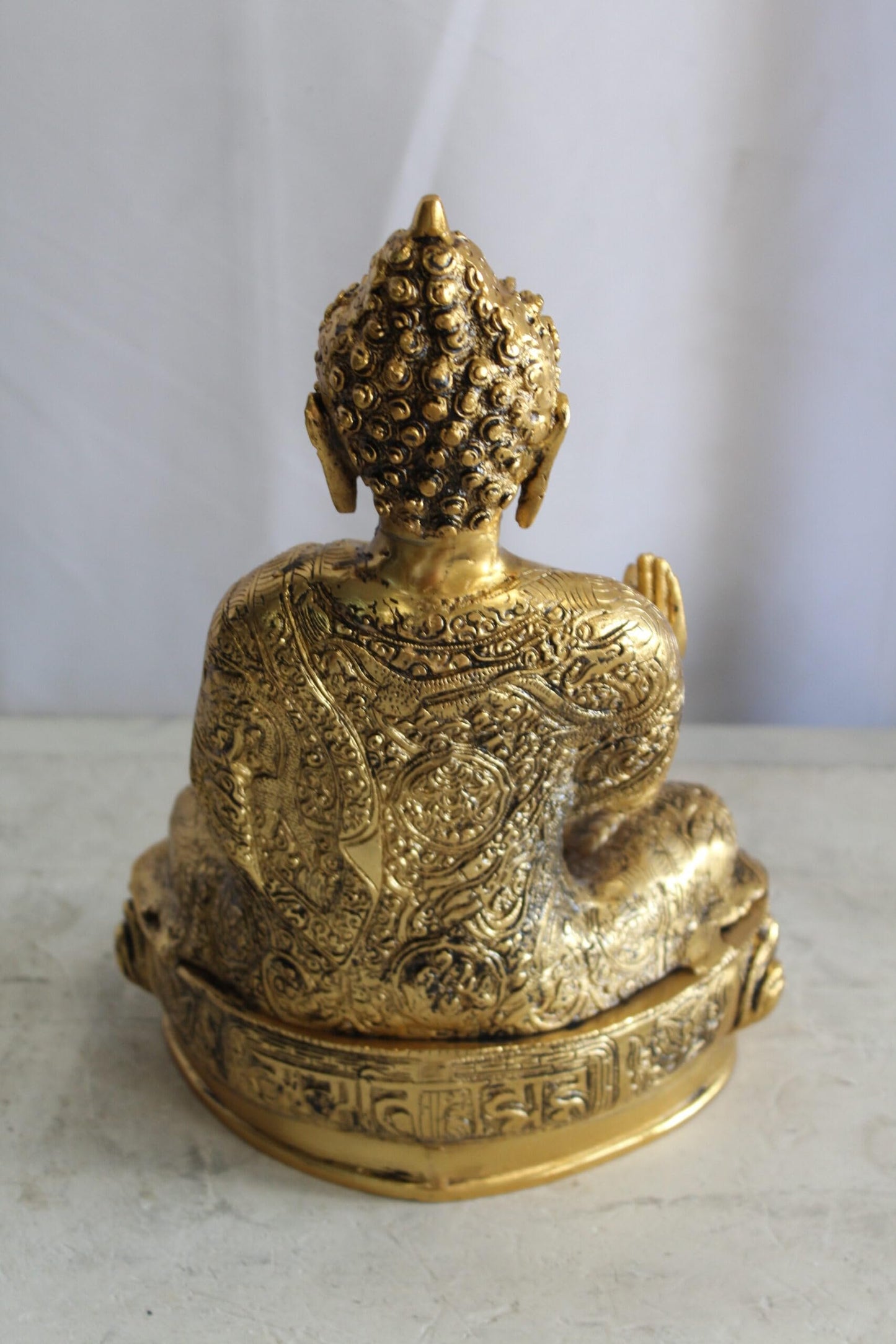 Tibetan Buddha Aluminum Sculpture in Radiant Gold Finish 10" x 7" x 14"H