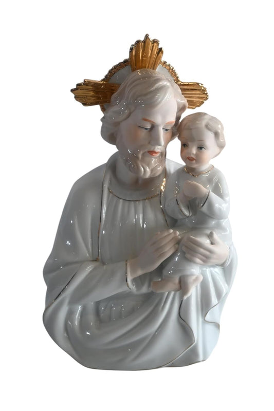 Porcelain Saint Joseph and Christ Child Gold Halo Statue 6"x4"x9"H