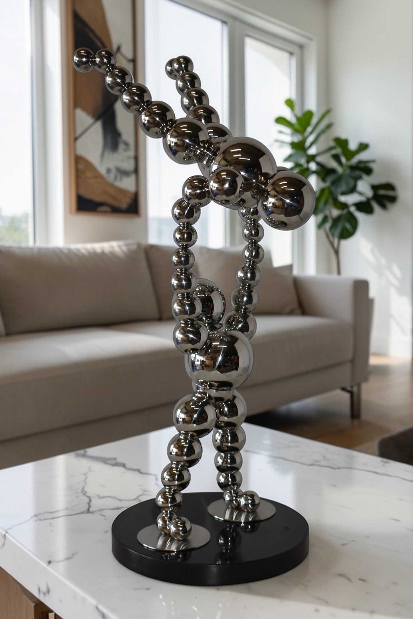 Modern Art Acrobat Couple in Action Chrome Balls Statue Size: 12" x 14" x 27"H