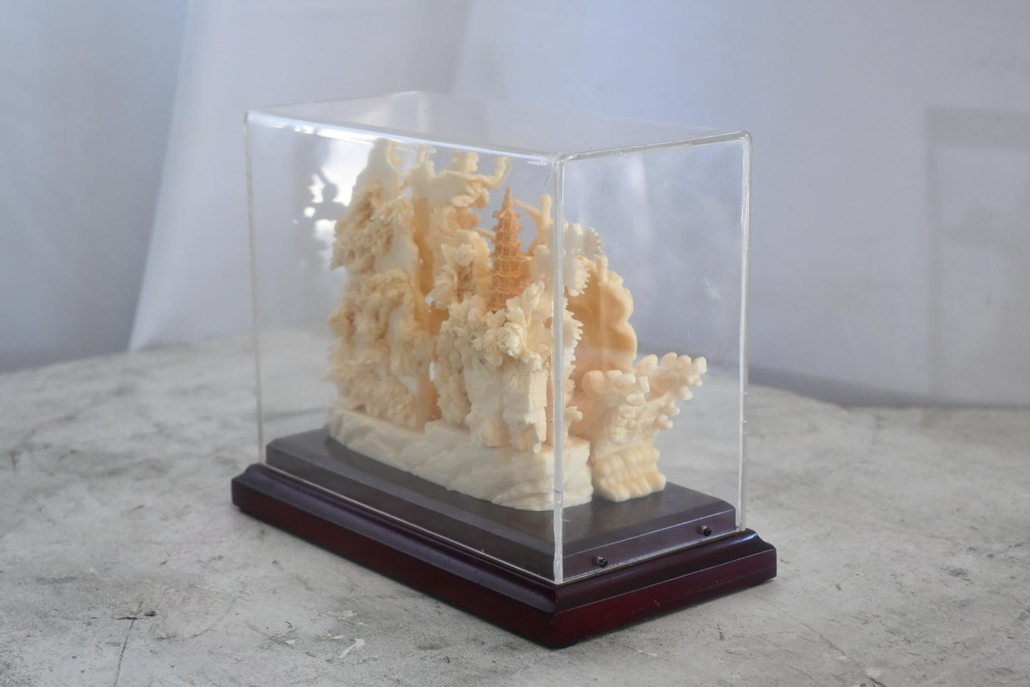 Carved Resin Chinese Sailing Junk Ship Diorama in Case 8"x4"x7"H