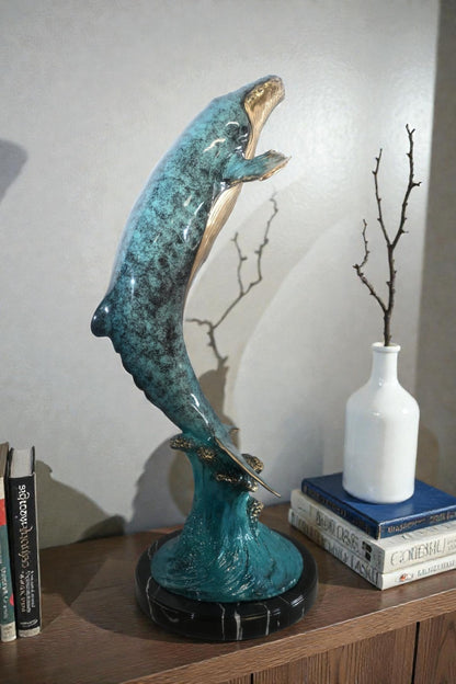 Bronze Humpback Whale Breaching Sculpture Ocean Wave 40"x24"x16"H