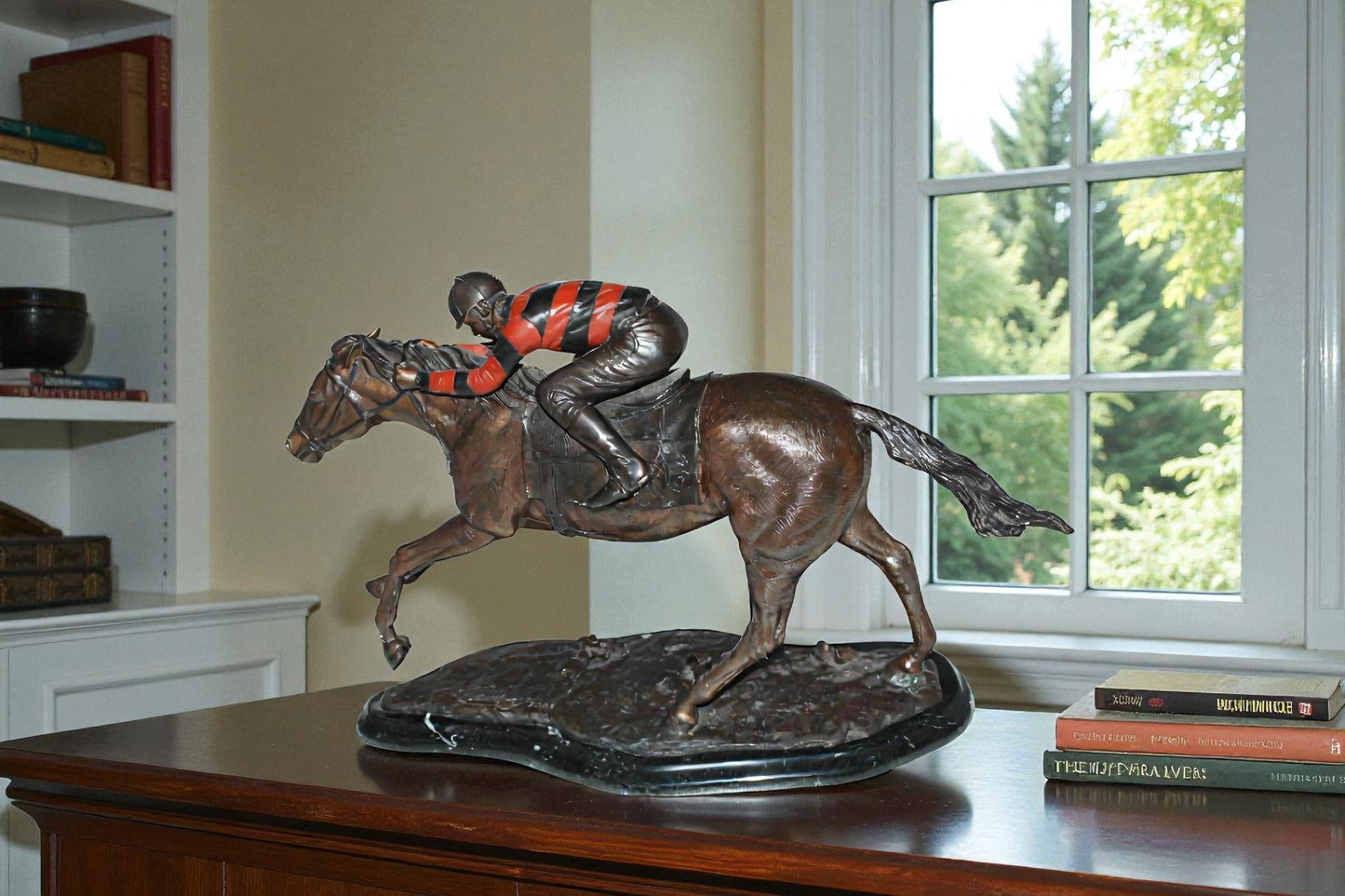 Jockey with Horse -large Bronze Statue -  Size: 21"L x 8"W x 14"H.