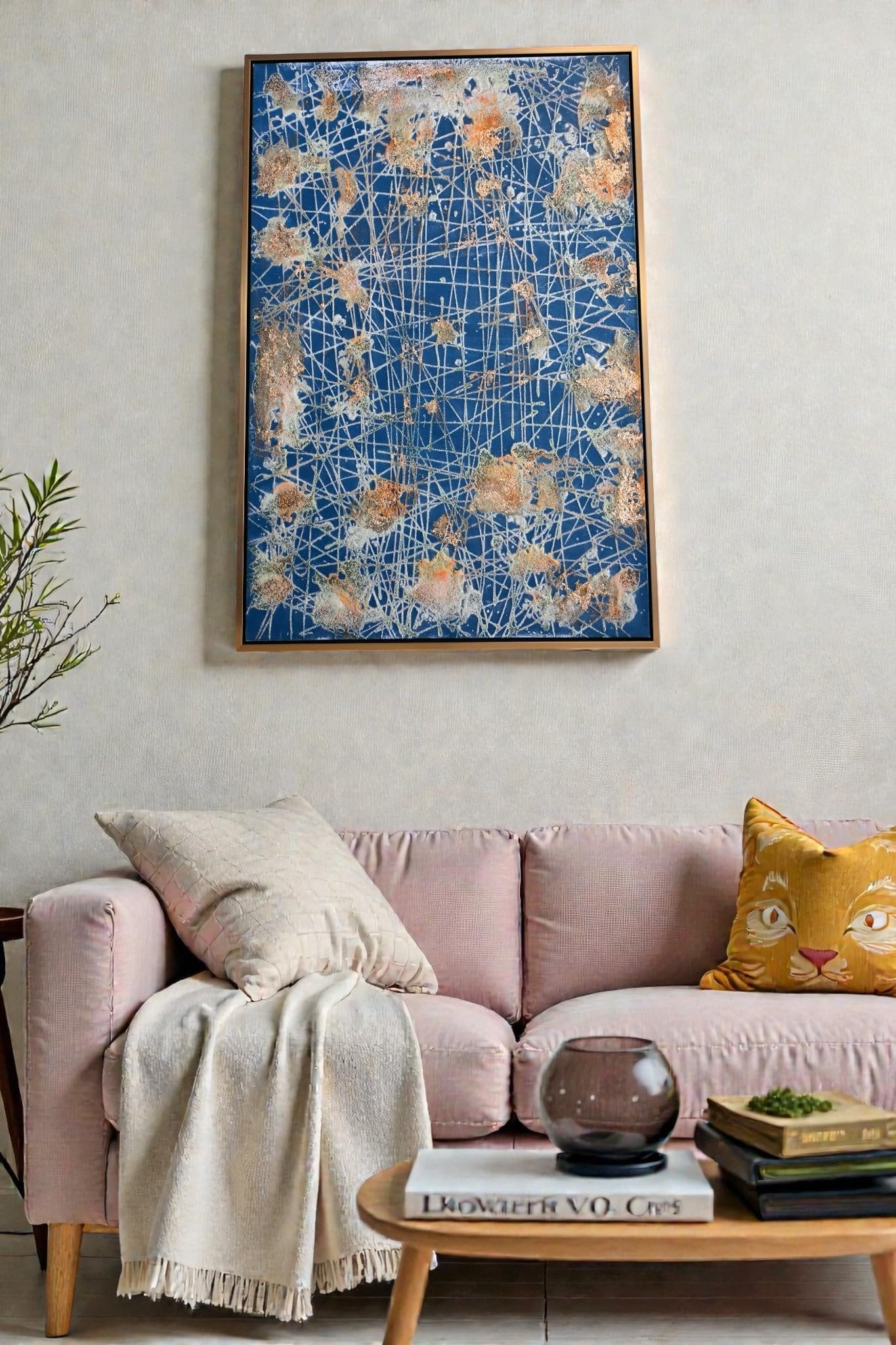 Abstract Canvas Painting The Unseen Blue Gold Framed Art 41"x61"