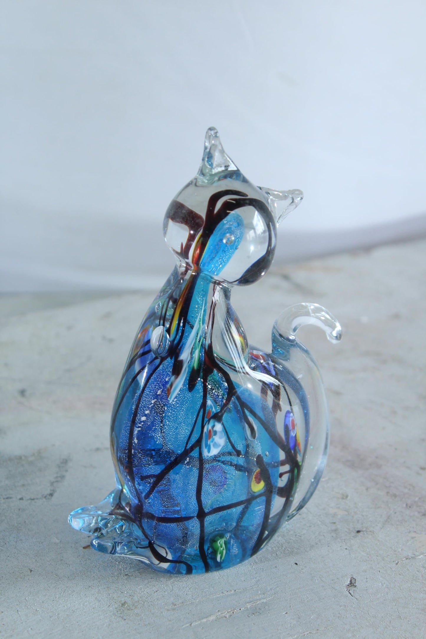 NIFAO Glass Cat Figurine Hand Blown Blue Millefiori Art Decor 5" x 3" x 7"H
