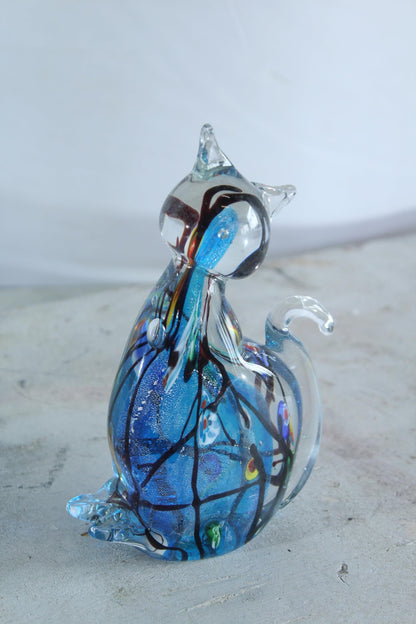 NIFAO Glass Cat Figurine Hand Blown Blue Millefiori Art Decor 5" x 3" x 7"H