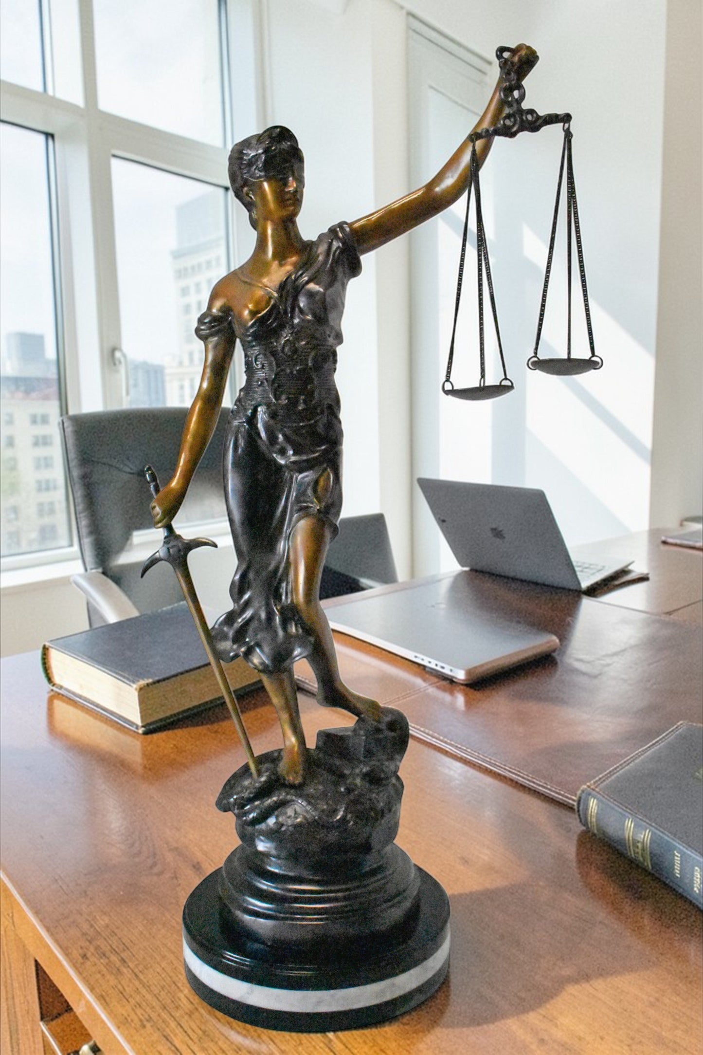 Lady Justice bronze statue mounted on a marble - Size: 14"L x 16"W x 32"H.