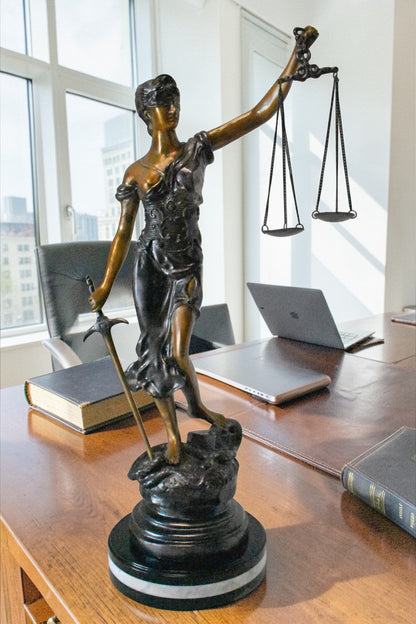 Lady Justice bronze statue mounted on a marble - Size: 14"L x 16"W x 32"H.