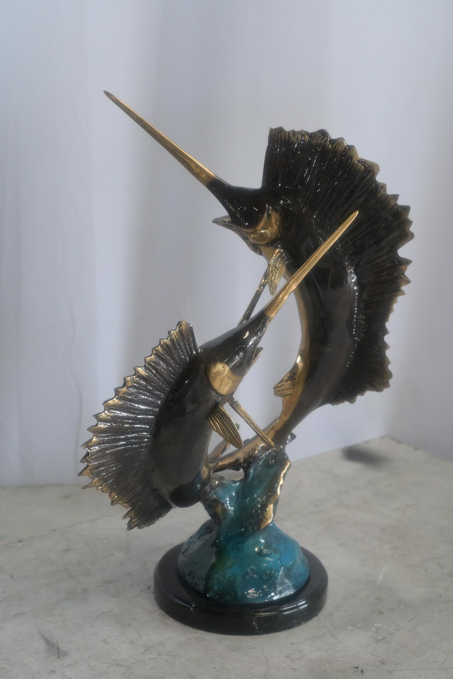 Bronze Dual Sailfish Sculpture on Wave Base and Marble 11"x10"x20"H