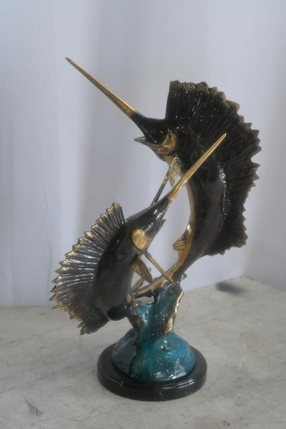 Bronze Dual Sailfish Sculpture on Wave Base and Marble 11"x10"x20"H