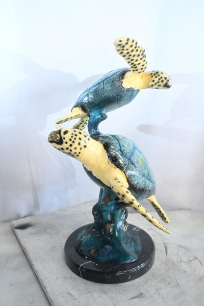 Two Sea Turtles Bronze Sculpture Vertical Swimming 23"x16"x28"H