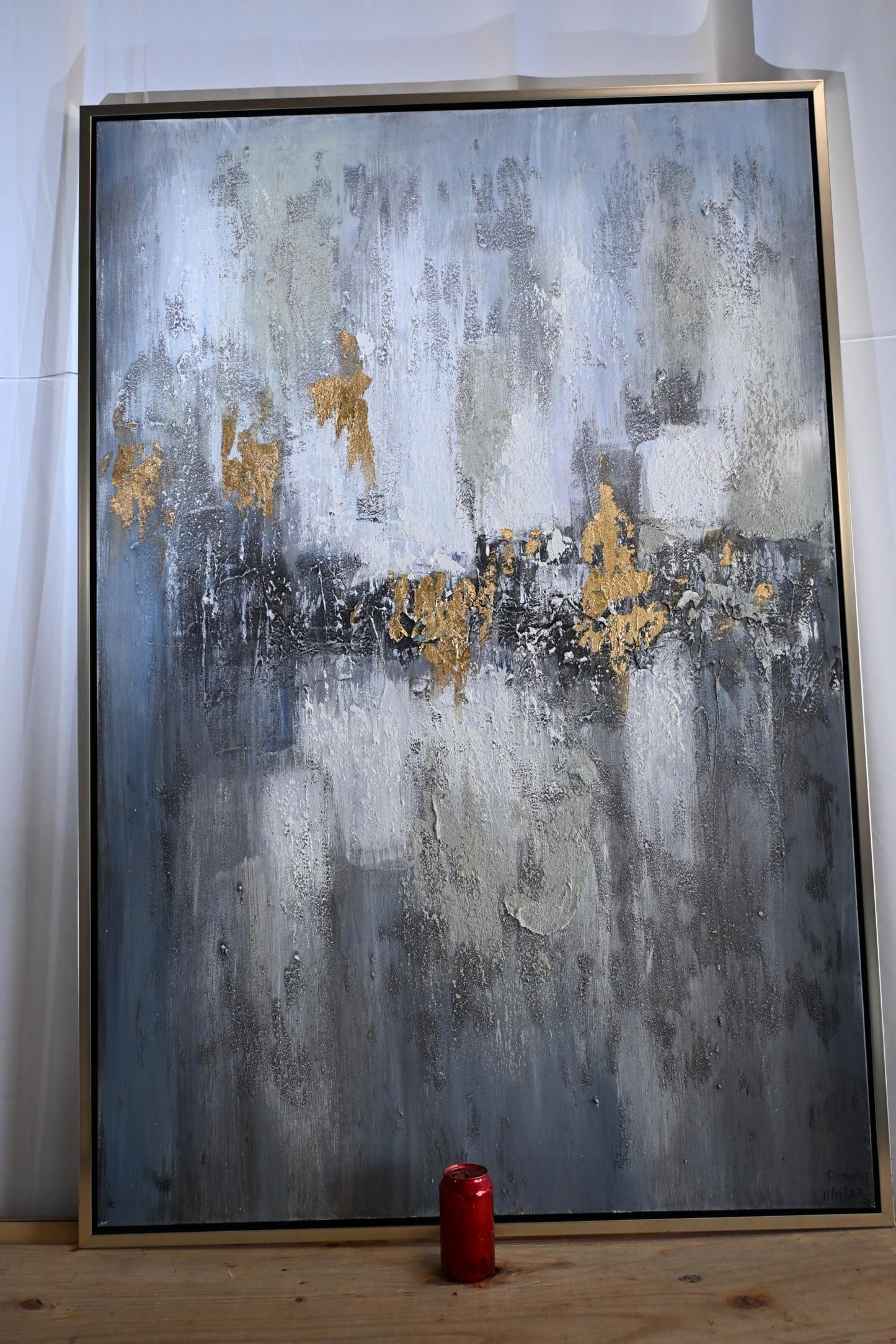 Golden Abstract Canvas Painting Gray Gold Framed Art 61"x41"