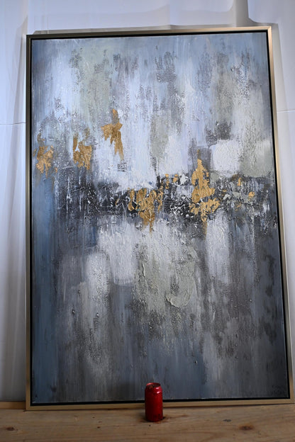 Golden Abstract Canvas Painting Gray Gold Framed Art 61"x41"