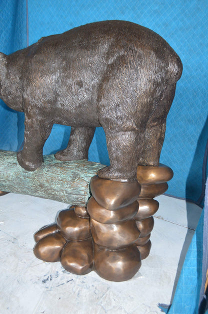 Family Bear on log giant bronze statue -  Size: 61"L x 34"W x 45"H.