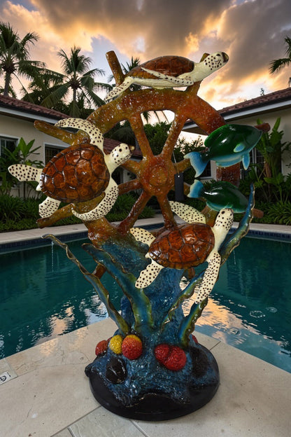 Sunken Nautical Wheel with Sea Creatures Bronze Statue Size: 39" x 23" x 51"H