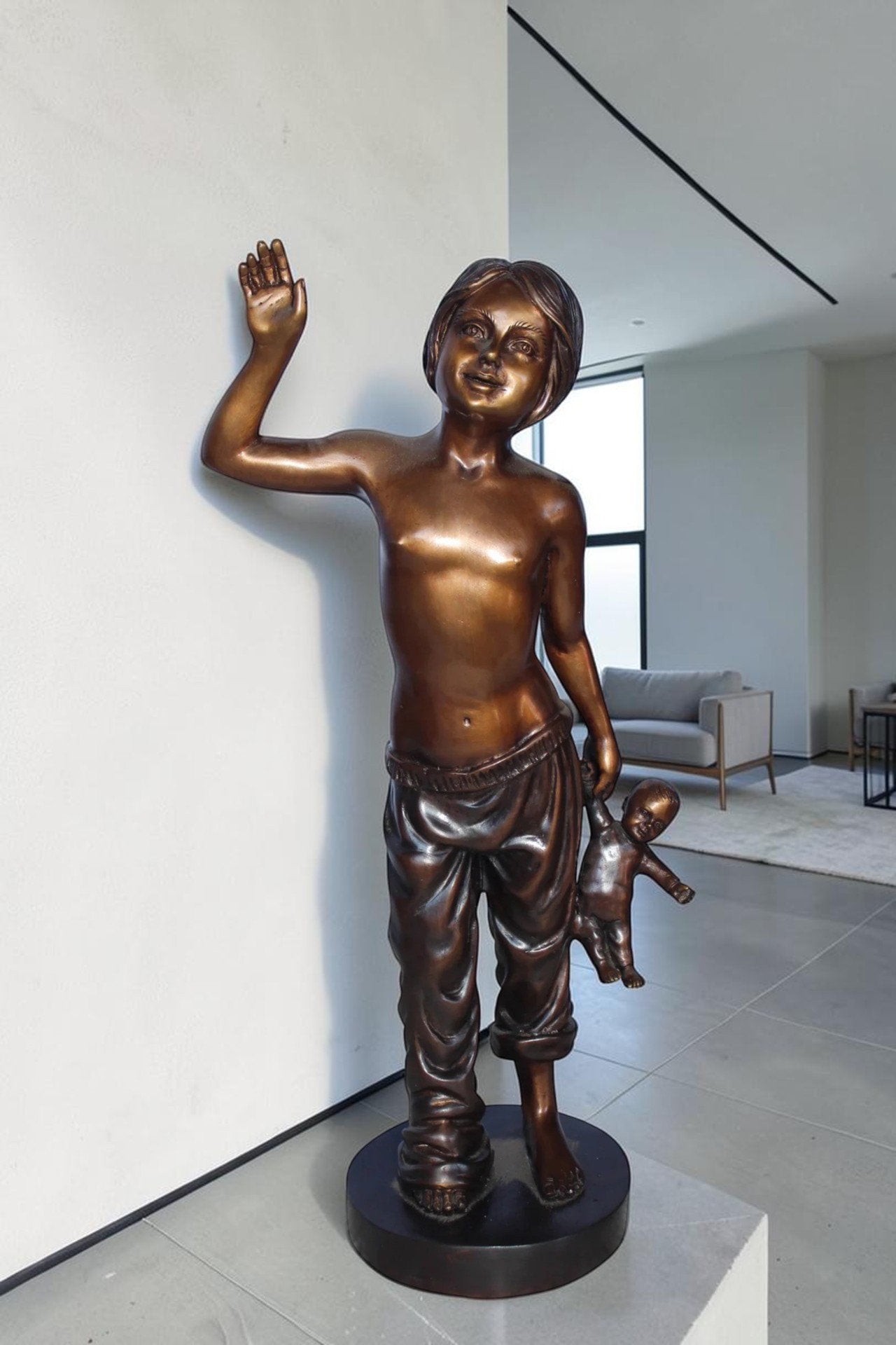 Young shirtless sleep walking girl bronze statue -  Size: 8"L x 5"W x 16"H.
